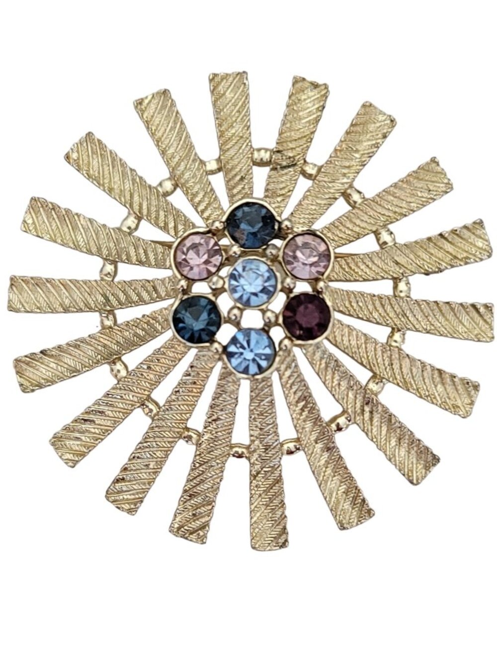 Emmons Gold Tone Starburst Rhinestone Statement Brooch Pendant, Signed M735